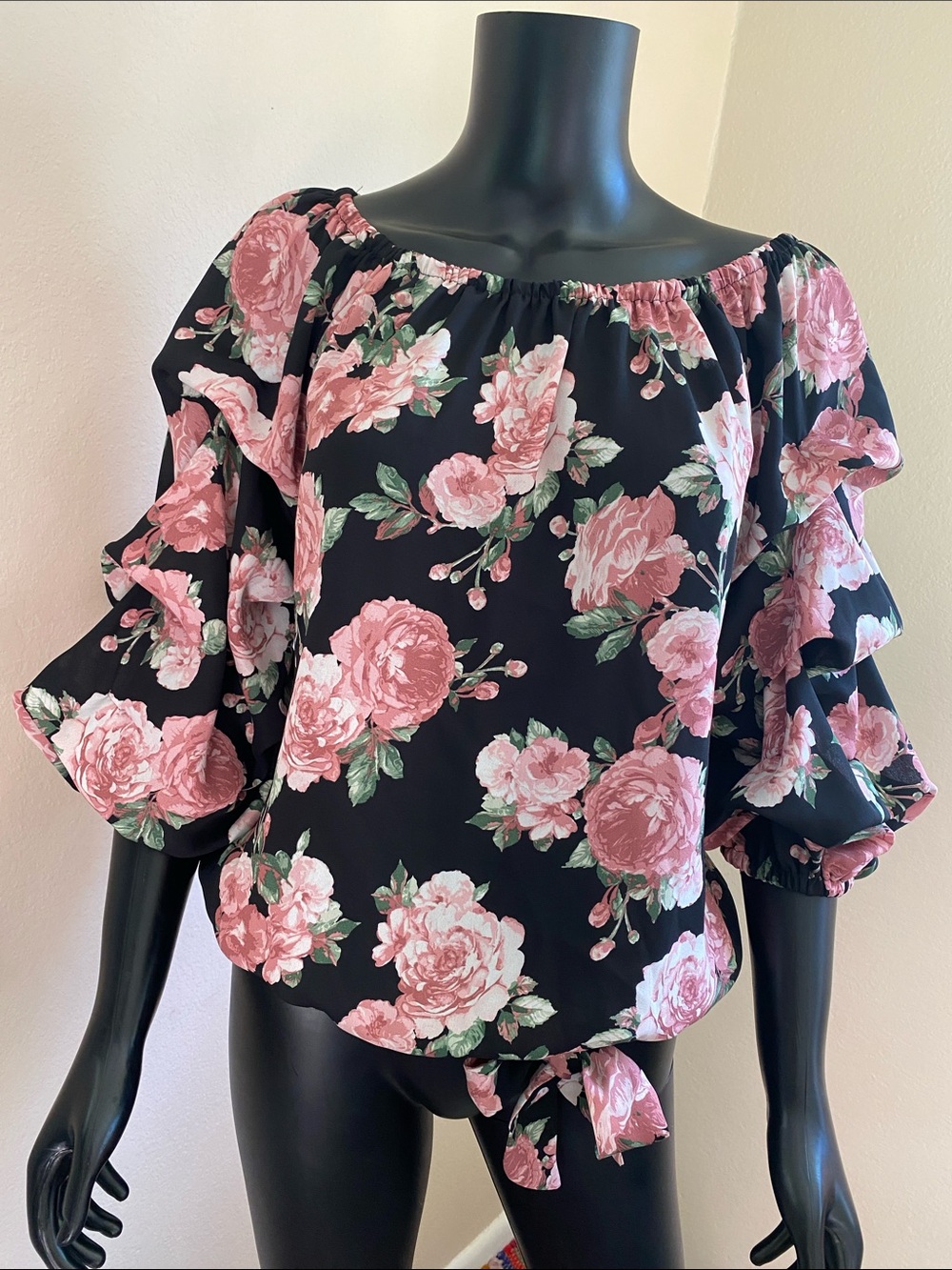 CeCe Black Blouse with Pink Rose Print and Tie Hem